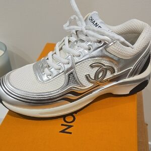 Chanel Women's Metallic Silver and White Sneakers